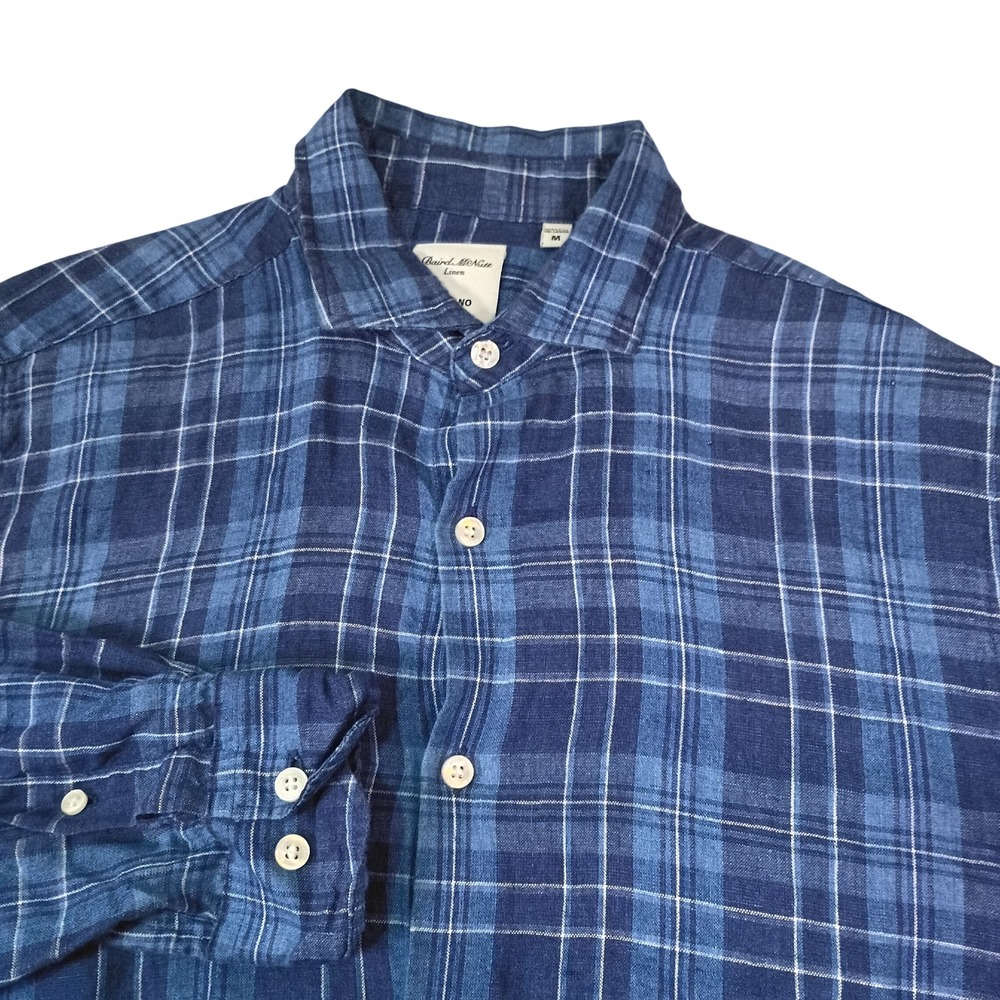Murano Baird McNutt Linen Shirt Mens Medium Blue Plaid Slim Fit Long Sleeve